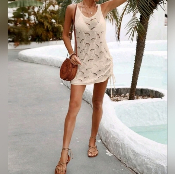 New Chic Open Knit Tank Dress Cover Up Sleeveless Ivory Cream Beige - Picture 3 of 9